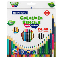 Карандаши цветные двусторонние BRAUBERG PREMIUM TWIN COLOUR, 24 штуки, 48 цветов, шестигранные, грифель 3,3 мм, натуральное дерево, 181875