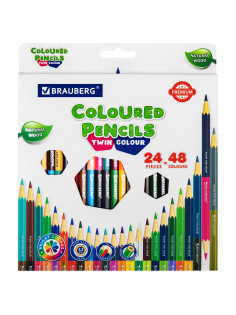 Карандаши цветные двусторонние BRAUBERG PREMIUM TWIN COLOUR, 24 штуки, 48 цветов, шестигранные, грифель 3,3 мм, натуральное дерево, 181875