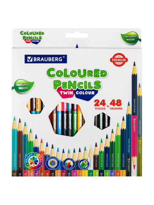 Карандаши цветные двусторонние BRAUBERG PREMIUM TWIN COLOUR, 24 штуки, 48 цветов, шестигранные, грифель 3,3 мм, натуральное дерево, 181875