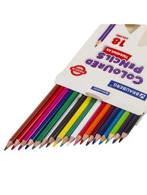 Карандаши цветные BRAUBERG PREMIUM, 18 цветов, трехгранные, грифель 3,3 мм, натуральное дерево, 181652