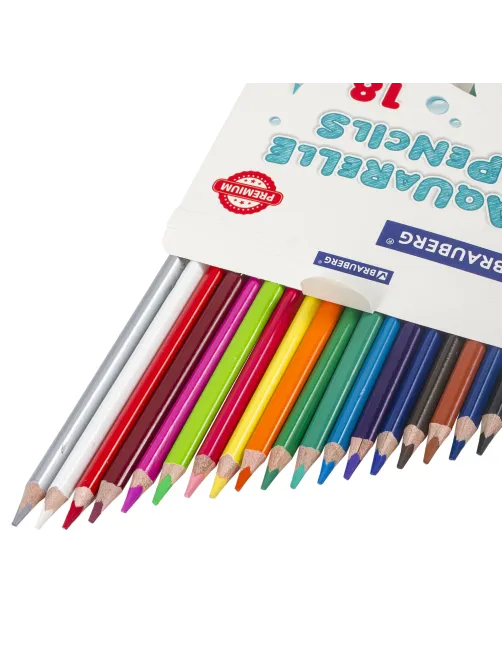 Карандаши цветные акварельные BRAUBERG PREMIUM AQUARELLE, 18 цветов, трехгранные, утолщенный грифель 4 мм, натуральное дерево, 181672