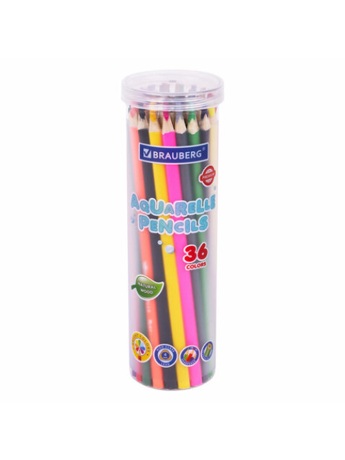 Карандаши цветные акварельные BRAUBERG PREMIUM AQUARELLE 36 цветов в тубе, трехгранные, утолщенный грифель 4 мм, натуральное дерево,181933
