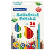 Карандаши цветные акварельные BRAUBERG PREMIUM AQUARELLE, 36 цветов, трехгранные, утолщенный грифель 4 мм, натуральное дерево, 181674