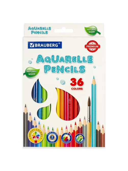Карандаши цветные акварельные BRAUBERG PREMIUM AQUARELLE, 36 цветов, трехгранные, утолщенный грифель 4 мм, натуральное дерево, 181674
