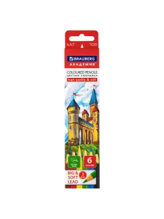 Карандаши цветные мягкие BRAUBERG АКАДЕМИЯ, 6 цветов, шестигранные, грифель 3 мм, натуральное дерево, 181863