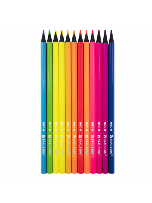 Карандаши цветные BRAUBERG NEON, 12 неоновых цветов, трехгранные, грифель 3 мм, черное дерево, 181852