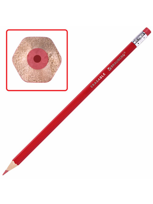 Карандаши цветные стираемые с ластиком BRAUBERG ERASABLE, 12 цветов, шестигранные, грифель 3 мм, натуральное дерево, 181932