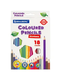 Карандаши цветные BRAUBERG PREMIUM, 18 цветов, шестигранные, грифель 3,3 мм, натуральное дерево, 181657