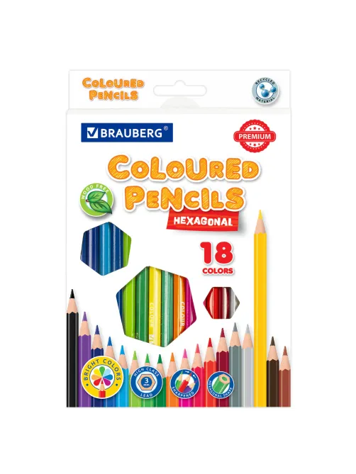 Карандаши цветные BRAUBERG PREMIUM, 18 цветов, шестигранные, грифель 3 мм, 181667