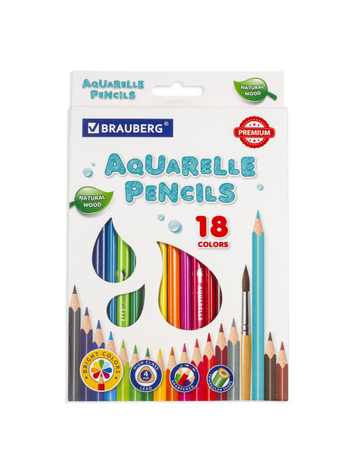 Карандаши цветные акварельные BRAUBERG PREMIUM AQUARELLE, 18 цветов, трехгранные, утолщенный грифель 4 мм, натуральное дерево, 181672