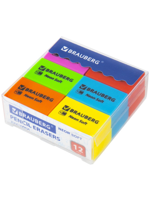Ластики BRAUBERG NEON SOFT НАБОР 12 штук, размер ластика 31х20х10 мм, экологичный ПВХ, 271339