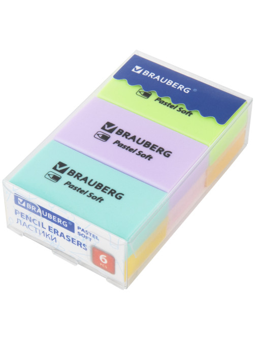 Ластики BRAUBERG PASTEL SOFT НАБОР 6 шт., размер ластика 45х25х10 мм, экологичный ПВХ, 271340