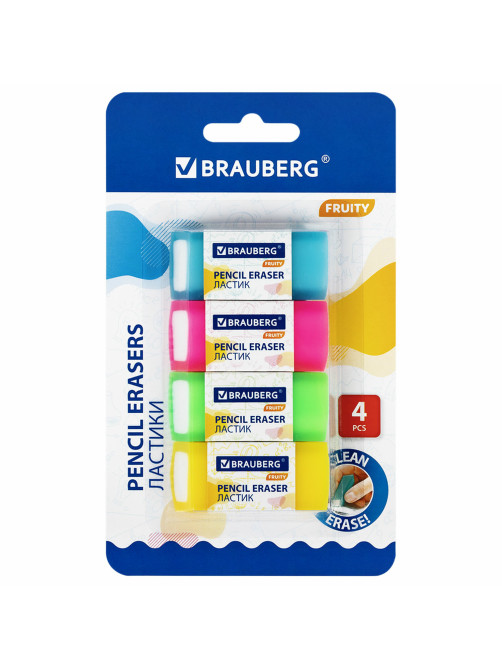 Ластики полупрозрачные BRAUBERG FRUITY НАБОР 4 штуки, размер ластика 54х23х10 мм, упаковка блистер, 271343