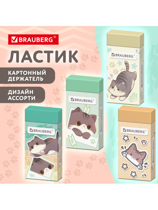 Ластик кросс-серия МИЛЫЕ КОТЫ, 50х24х10 мм, прямоугольный, картонный держатель, ассорти, ЭКО ПВХ, BRAUBERG, 273227