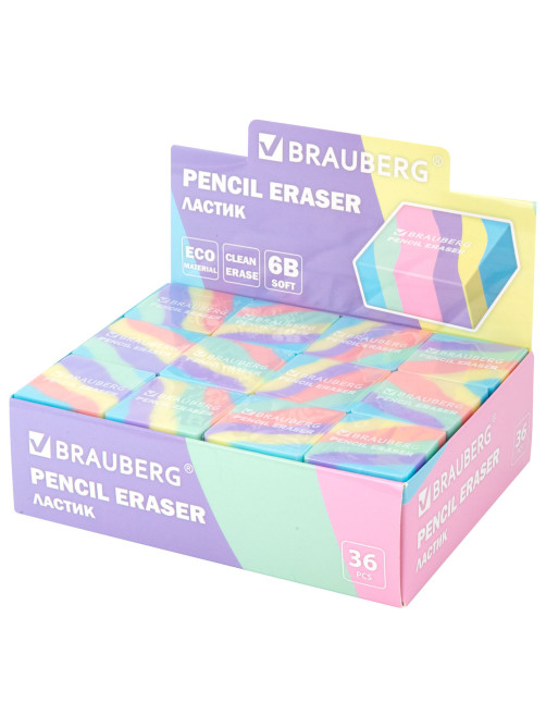 Ластик кросс-серия PASTEL, 34х34х14 мм, квадратный, ассорти, ЭКО ПВХ, BRAUBERG, 273210