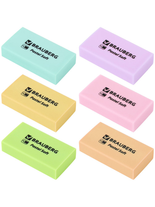 Ластики BRAUBERG PASTEL SOFT НАБОР 6 шт., размер ластика 45х25х10 мм, экологичный ПВХ, 271340