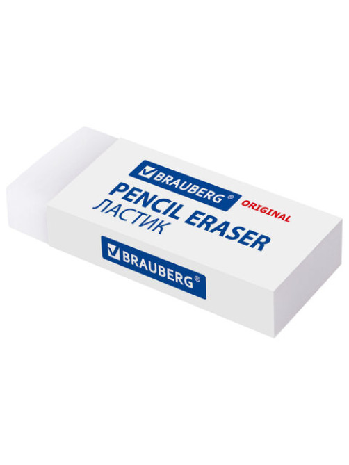 Ластик большой BRAUBERG EXTRA, 60х24х11 мм, белый, прямоугольный, экологичный ПВХ, картонный держатель, 228074