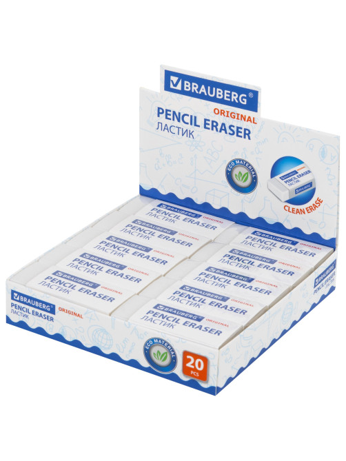 Ластик большой BRAUBERG EXTRA, 60х24х11 мм, белый, прямоугольный, экологичный ПВХ, картонный держатель, 228074