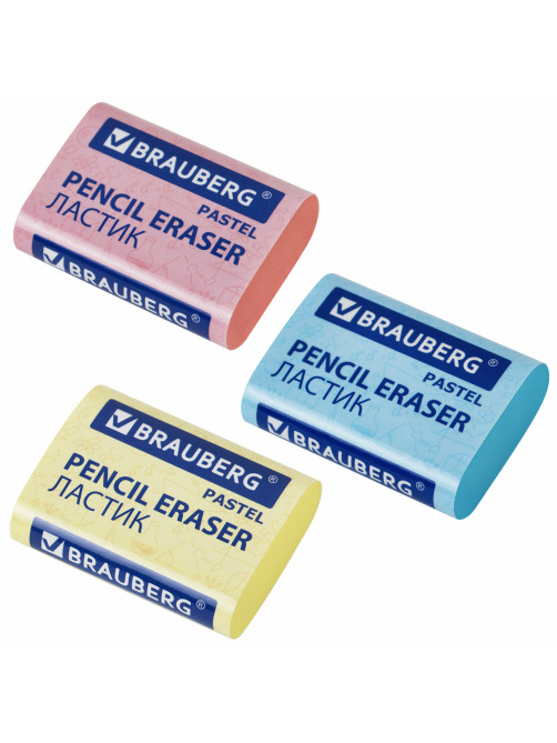 Ластики BRAUBERG PASTEL MAXI НАБОР 3 штуки, размер ластика 44х32х13 мм, упаковка блистер, 271345