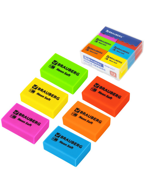Ластики BRAUBERG NEON SOFT НАБОР 12 штук, размер ластика 31х20х10 мм, экологичный ПВХ, 271339