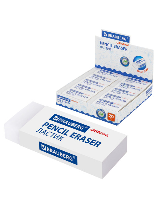 Ластик большой BRAUBERG EXTRA, 60х24х11 мм, белый, прямоугольный, экологичный ПВХ, картонный держатель, 228074