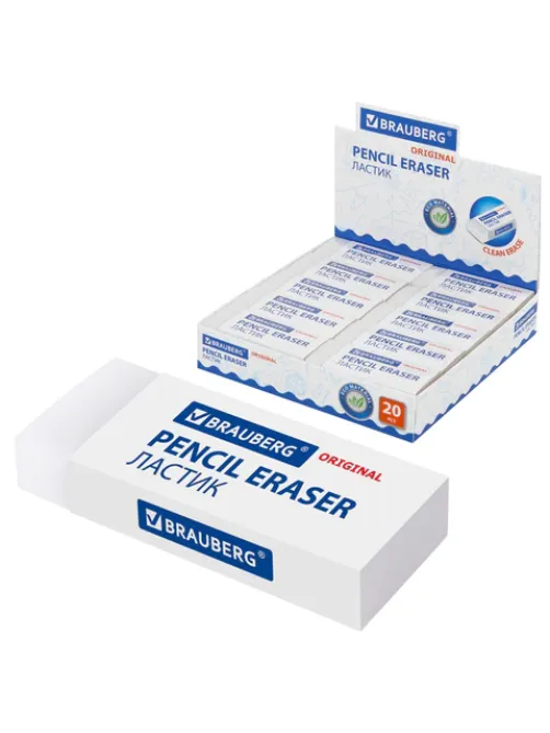 Ластик большой BRAUBERG EXTRA, 60х24х11 мм, белый, прямоугольный, экологичный ПВХ, картонный держатель, 228074