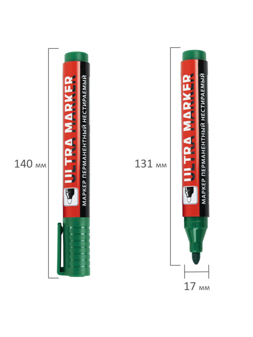 Маркер перманентный ULTRA MARKER, ЗЕЛЕНЫЙ, 3,5 мм, с клипом, BRAUBERG, 152207