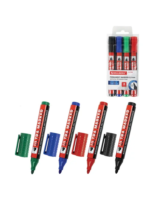 Маркеры перманентные BRAUBERG ULTRA MARKER, НАБОР 4 ЦВЕТА, круглый наконечник 3,5 мм, 152208