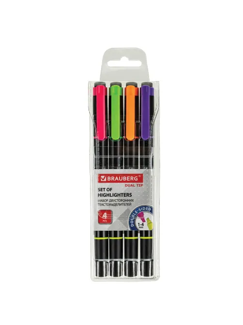 Набор текстовыделителей двусторонних BRAUBERG DUAL TIP 4 шт., АССОРТИ, линия 1-4 мм, 150845