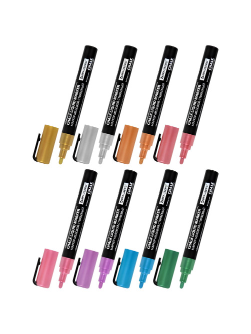 Маркеры меловые CHALK LIQUID MARKER, МЕТАЛЛИК, НАБОР 8 ЦВЕТОВ, 3 мм, стираемые, BRAUBERG 