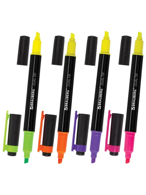 Набор текстовыделителей двусторонних BRAUBERG DUAL TIP 4 шт., АССОРТИ, линия 1-4 мм, 150845