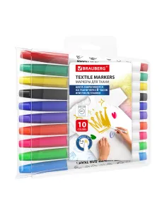 Маркеры для ткани 10 ЦВЕТОВ, TEXTILE MARKER, несмываемые, круглый наконечник 1-3 мм, BRAUBERG, 152656
