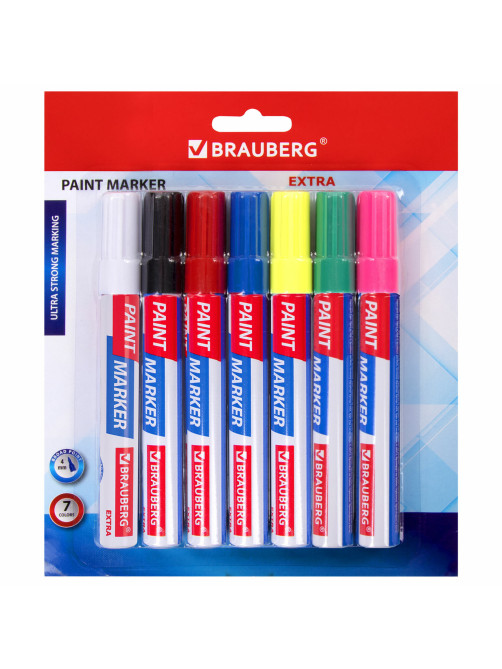Маркер-краска лаковый EXTRA (paint marker) 4 мм, НАБОР 7 цветов, УСИЛЕННАЯ НИТРО-ОСНОВА, BRAUBERG, 152001