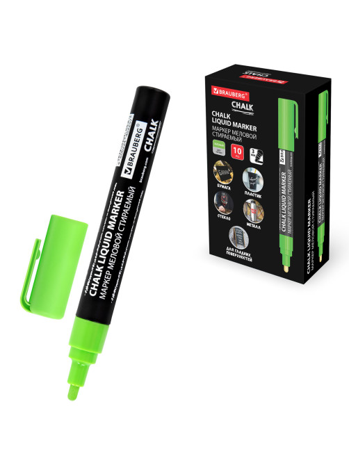 Маркер меловой CHALK LIQUID MARKER, ЗЕЛЕНЫЙ, 3 мм, стираемый, BRAUBERG 