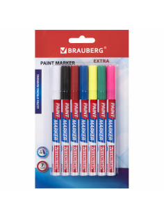 Маркер-краска лаковый EXTRA (paint marker) 2 мм, НАБОР 7 цветов, УСИЛЕННАЯ НИТРО-ОСНОВА, BRAUBERG, 151996