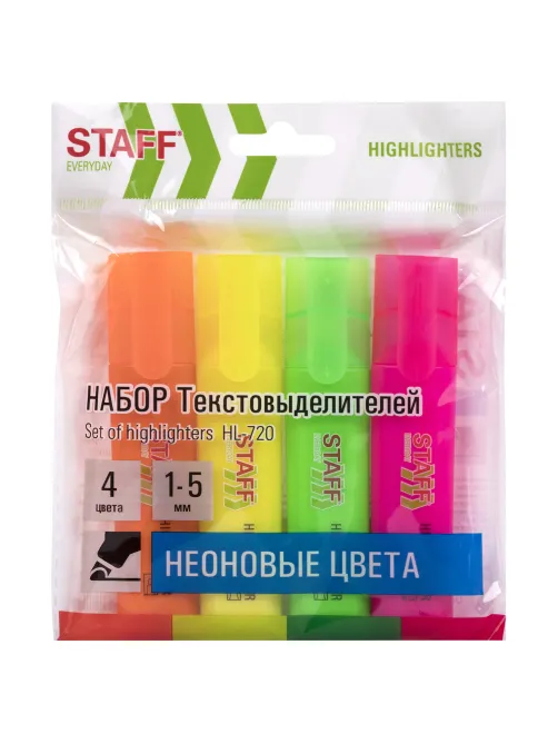 Набор текстовыделителей 4 НЕОНОВЫХ ЦВЕТА, STAFF 