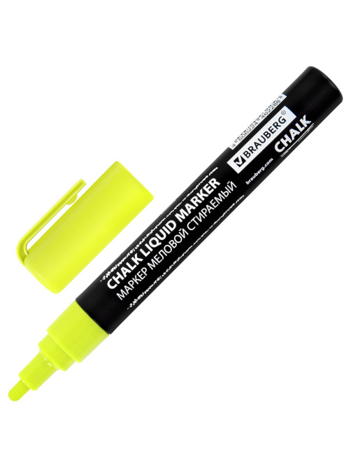 Маркер меловой CHALK LIQUID MARKER, ЖЕЛТЫЙ, 3 мм, стираемый, BRAUBERG 