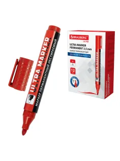 Маркер перманентный ULTRA MARKER, КРАСНЫЙ, 3,5 мм, с клипом, BRAUBERG, 152205
