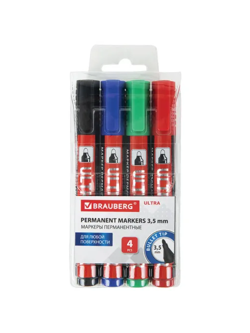 Маркеры перманентные BRAUBERG ULTRA MARKER, НАБОР 4 ЦВЕТА, круглый наконечник 3,5 мм, 152208