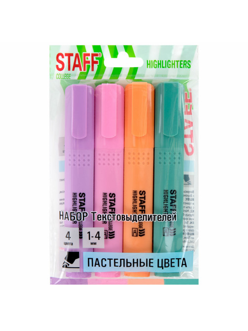 Набор текстовыделителей 4 ПАСТЕЛЬНЫХ ЦВЕТА, АССОРТИ, STAFF College 
