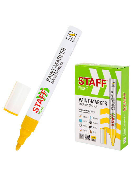 Маркер-краска лаковый (paint marker) 2-4 мм, ЖЕЛТЫЙ, НИТРО-ОСНОВА, STAFF PROFIT, для любых поверхностей, 152583