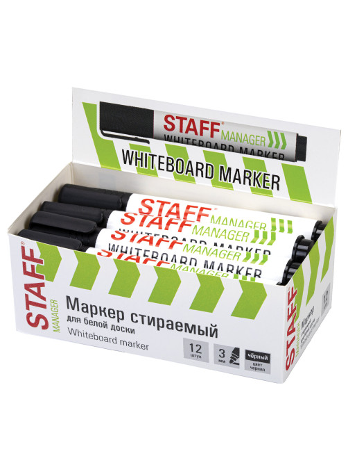 Маркер стираемый для белой доски, ЧЕРНЫЙ, STAFF 