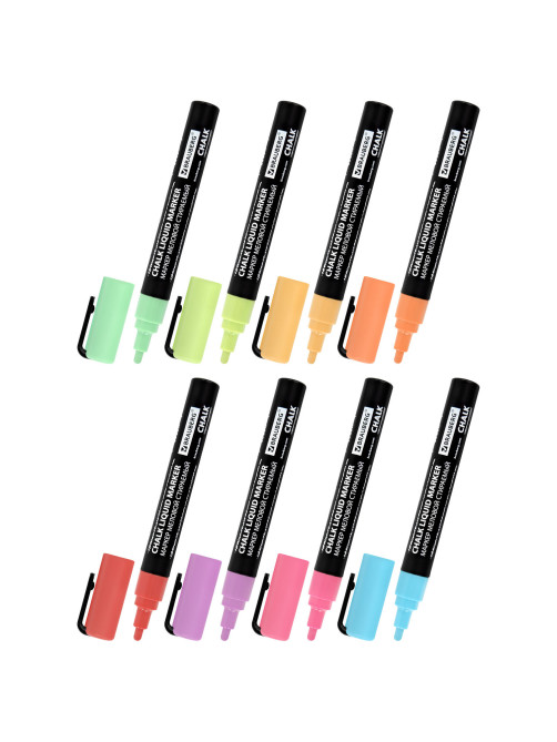 Маркеры меловые CHALK LIQUID MARKER, ПАСТЕЛЬ, НАБОР 8 ЦВЕТОВ, 3 мм, стираемые, BRAUBERG 