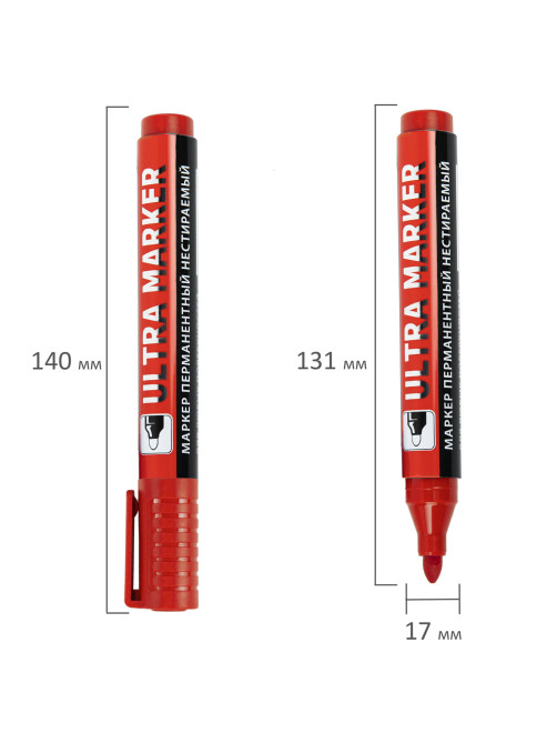 Маркер перманентный ULTRA MARKER, КРАСНЫЙ, 3,5 мм, с клипом, BRAUBERG, 152205