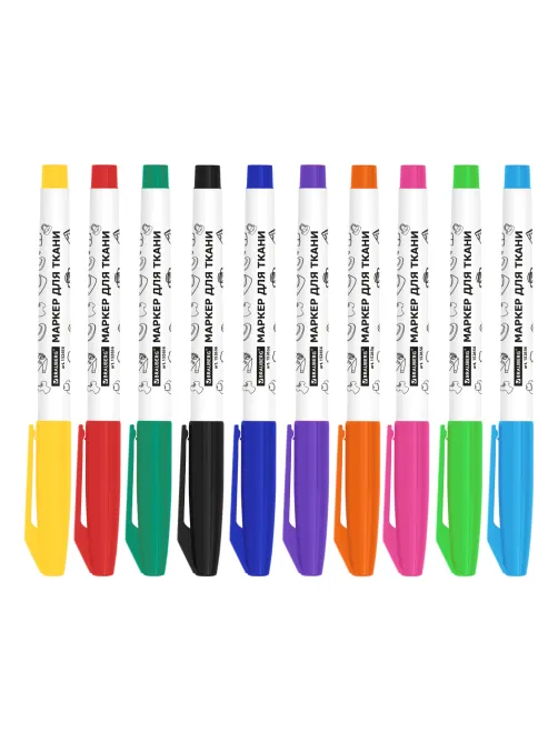 Маркеры для ткани 10 ЦВЕТОВ, TEXTILE MARKER, несмываемые, круглый наконечник 1-3 мм, BRAUBERG, 152656