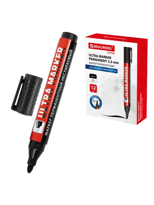 Маркер перманентный ULTRA MARKER, ЧЕРНЫЙ, 3,5 мм, с клипом, BRAUBERG, 152204