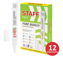 Маркер-краска лаковый (paint marker) 2-4 мм, БЕЛЫЙ, КОМПЛЕКТ 12 ШТУК, НИТРО-ОСНОВА, STAFF PROFIT, для любых поверхностей, 152584