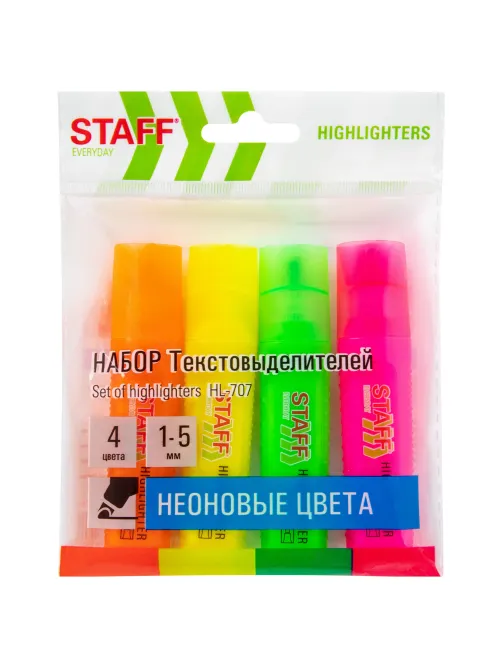Набор текстовыделителей 4 НЕОНОВЫХ ЦВЕТА, STAFF 