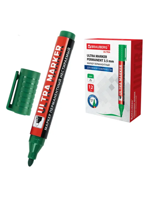 Маркер перманентный ULTRA MARKER, ЗЕЛЕНЫЙ, 3,5 мм, с клипом, BRAUBERG, 152207