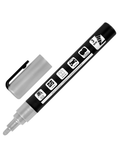 Маркер меловой CHALK LIQUID MARKER, СЕРЕБРИСТЫЙ, 3 мм, стираемый, BRAUBERG 